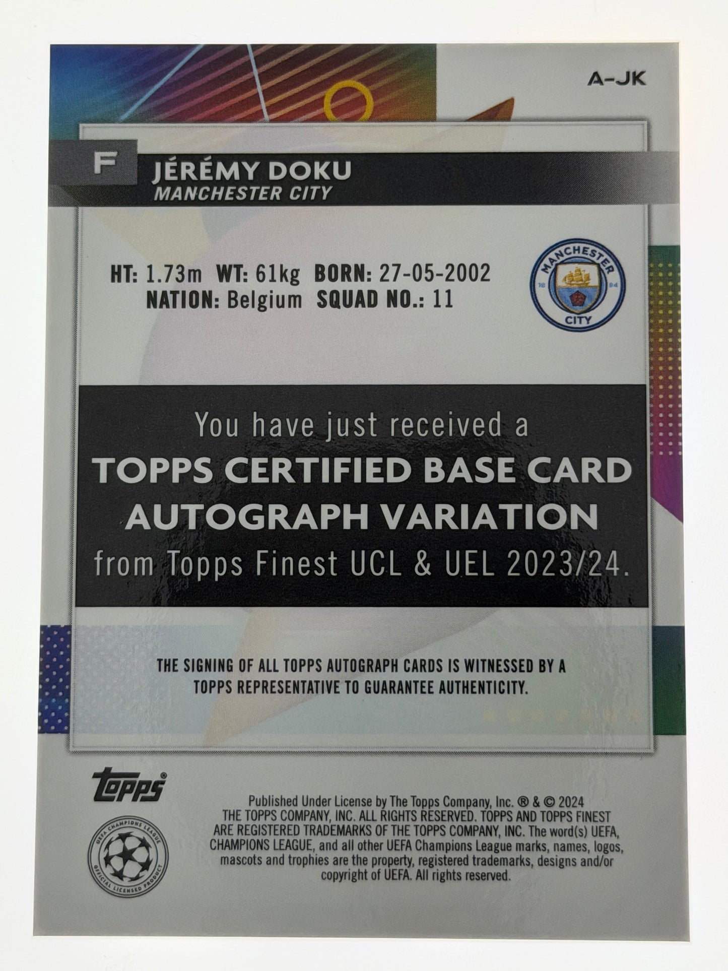 2023-24 Topps Finest UEFA Club Competitions Autograph Purple 007/199 - Jeremy Doku