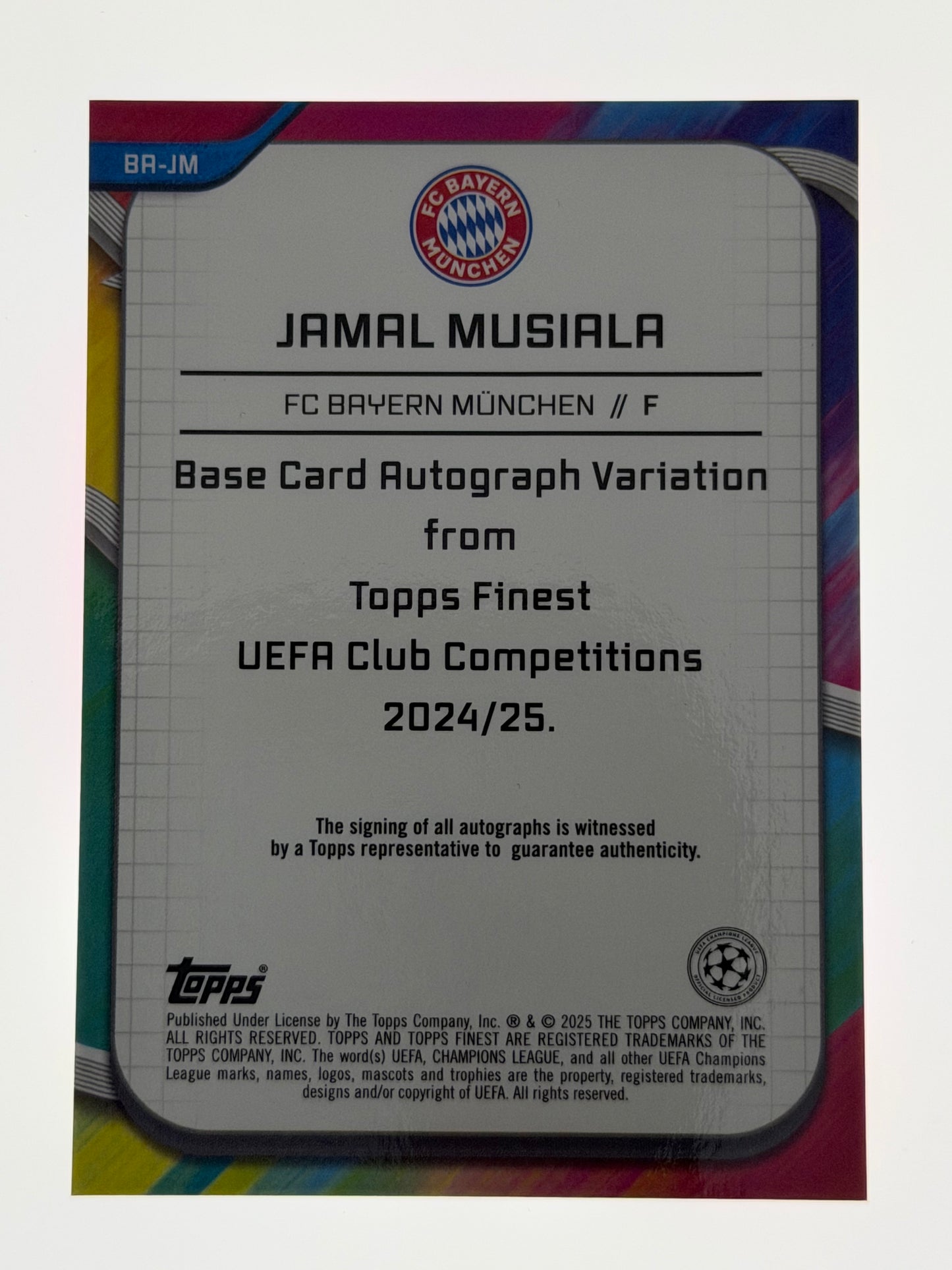 2024-25 Topps Finest UEFA Club Competitions Autograph Pink Raywave 52/75 - Jamal Musiala