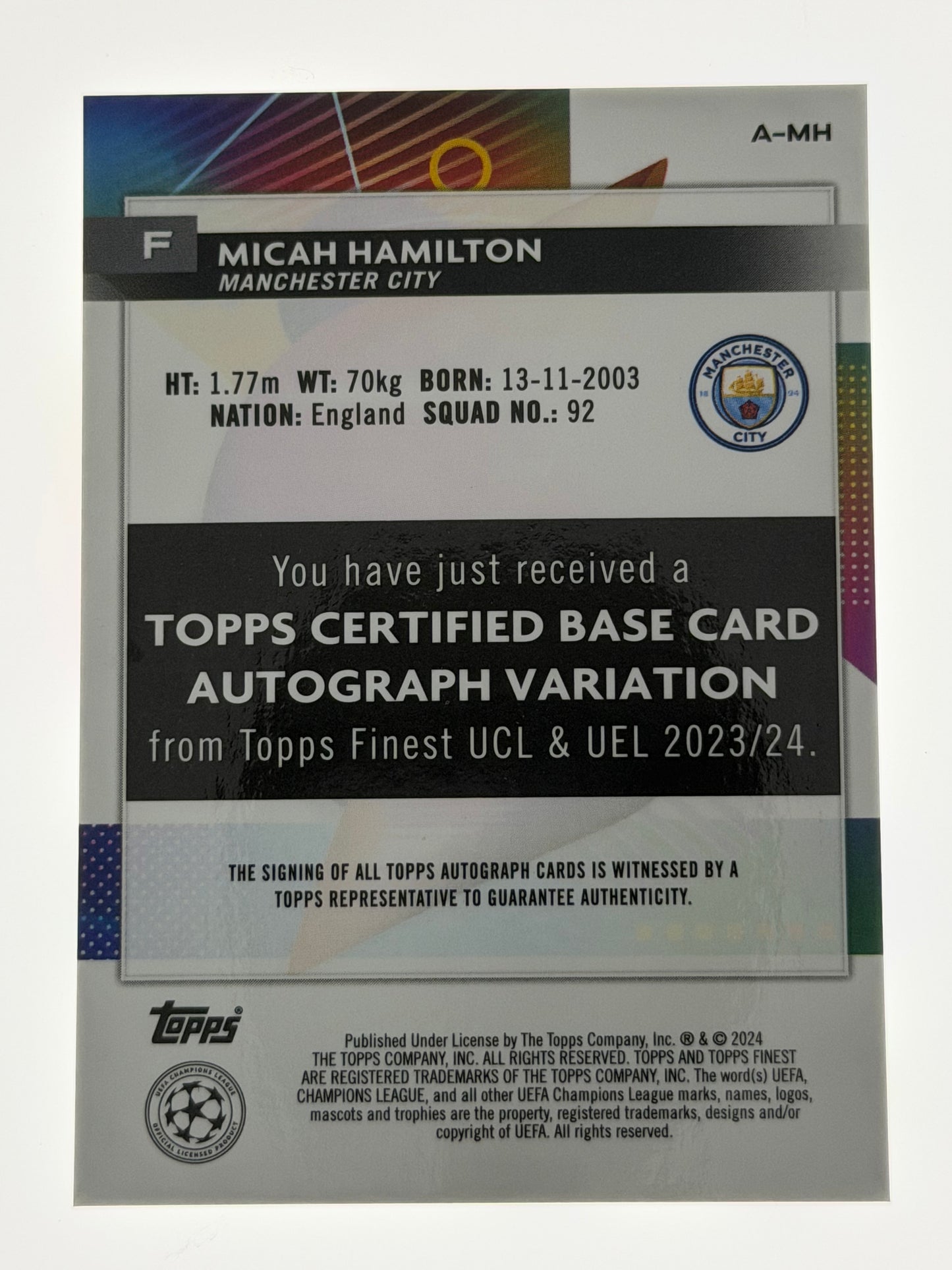 2023-24 Topps Finest UEFA Club Competitions Autograph RC - Micah Hamilton