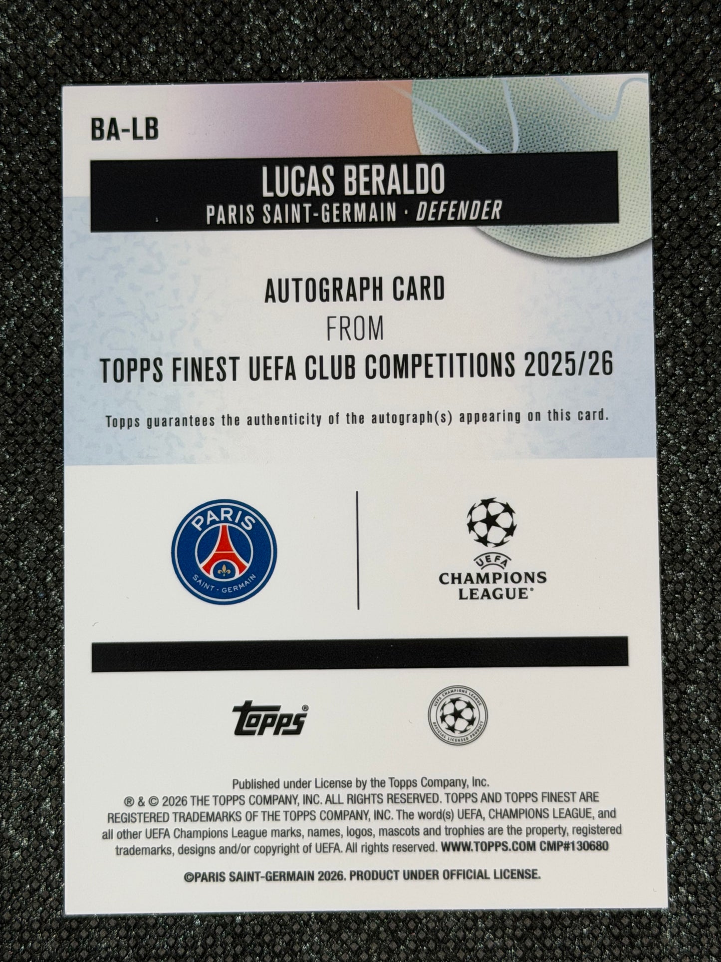 2025-26 Topps Finest UEFA Club Competitions Autograph Card Blue Wave 148/150 - Lucas Beraldo