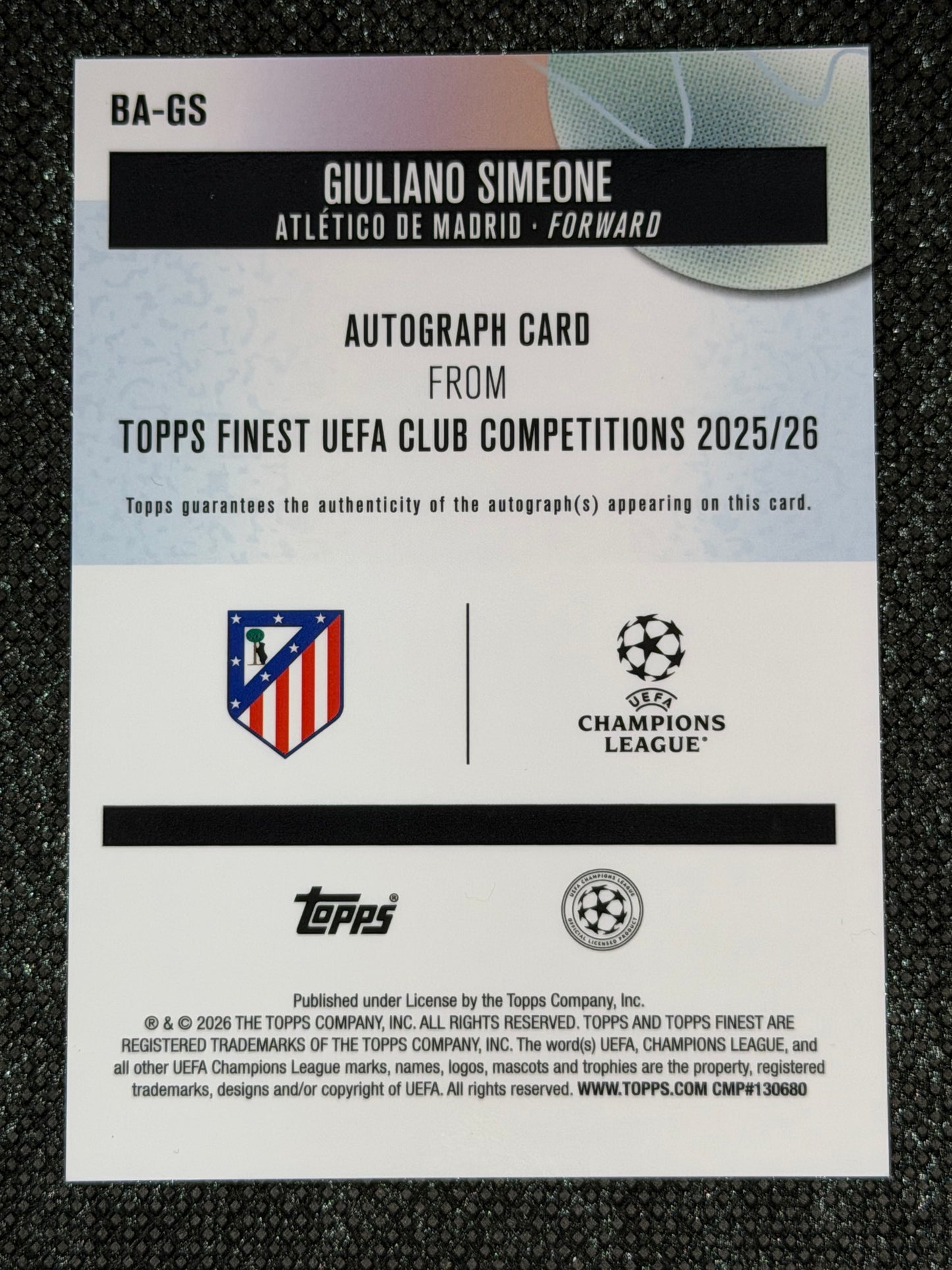 2025-26 Topps Finest UEFA Club Competitions Autograph Card - Giuliano Simeone