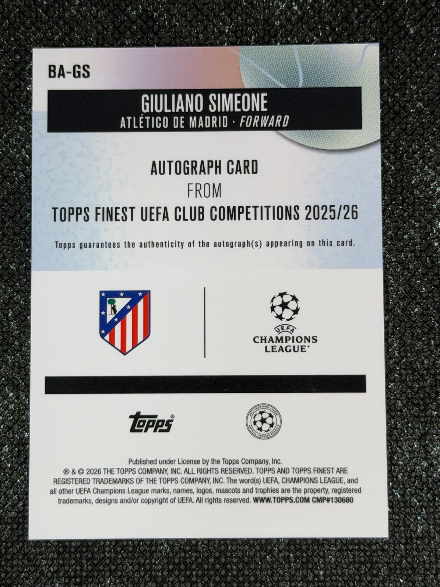 2025-26 Topps Finest UEFA Club Competitions Autograph Card Green 34/99 - Giuliano Simeone