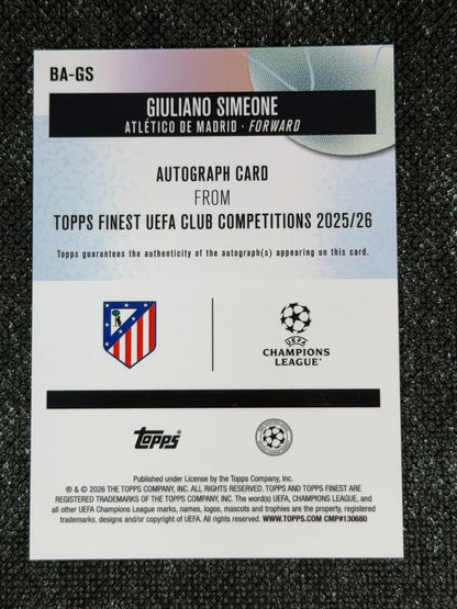 2025-26 Topps Finest UEFA Club Competitions Autograph Card Green 34/99 - Giuliano Simeone