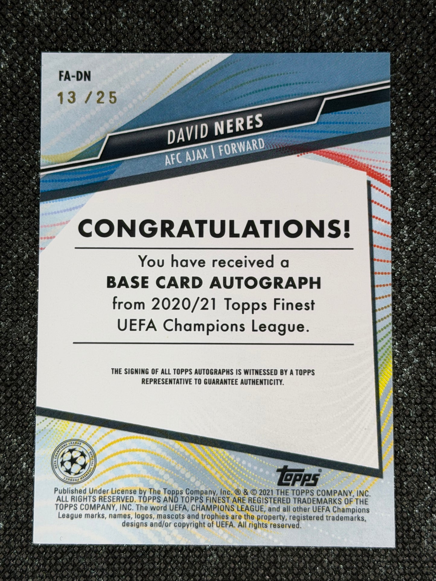 2020-21 Topps Finest UEFA Club Competitions Autograph Card Orange 13/25 - David Neres