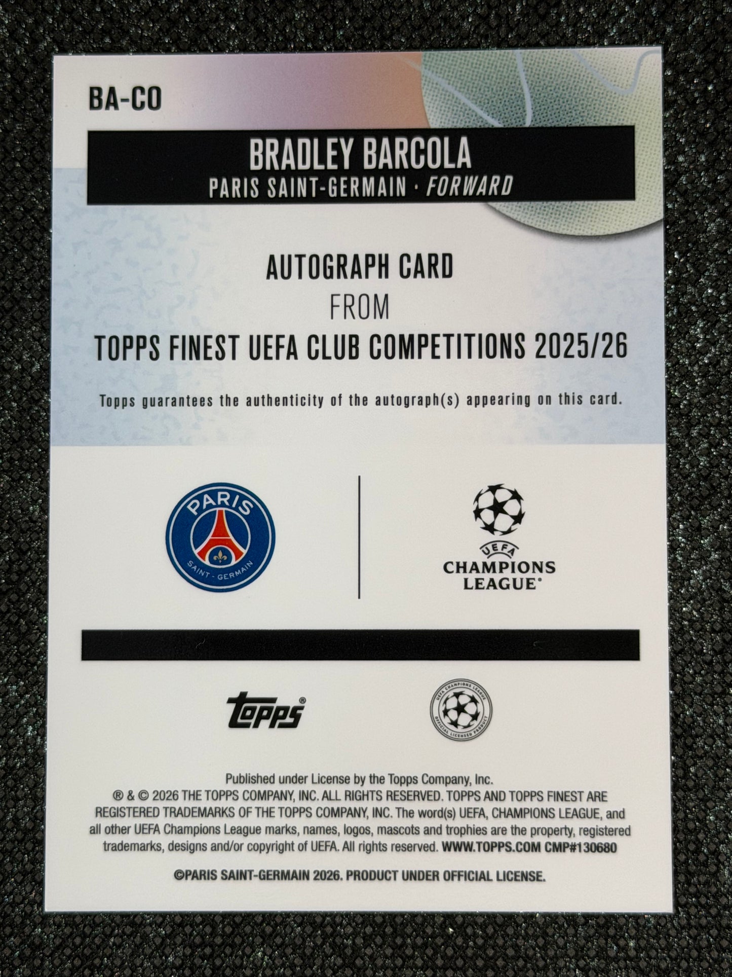 2025-26 Topps Finest UEFA Club Competitions Autograph Card Purple Wave 63/75 - Bradley Barcola