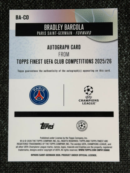 2025-26 Topps Finest UEFA Club Competitions Autograph Card Purple Wave 63/75 - Bradley Barcola