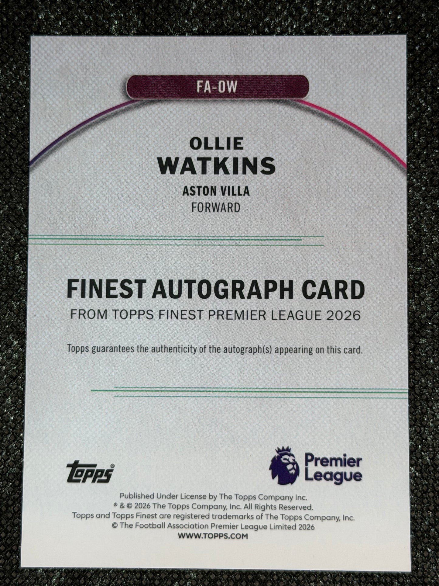 2025-26 Topps Finest Premier League Autograph Card - Ollie Watkins