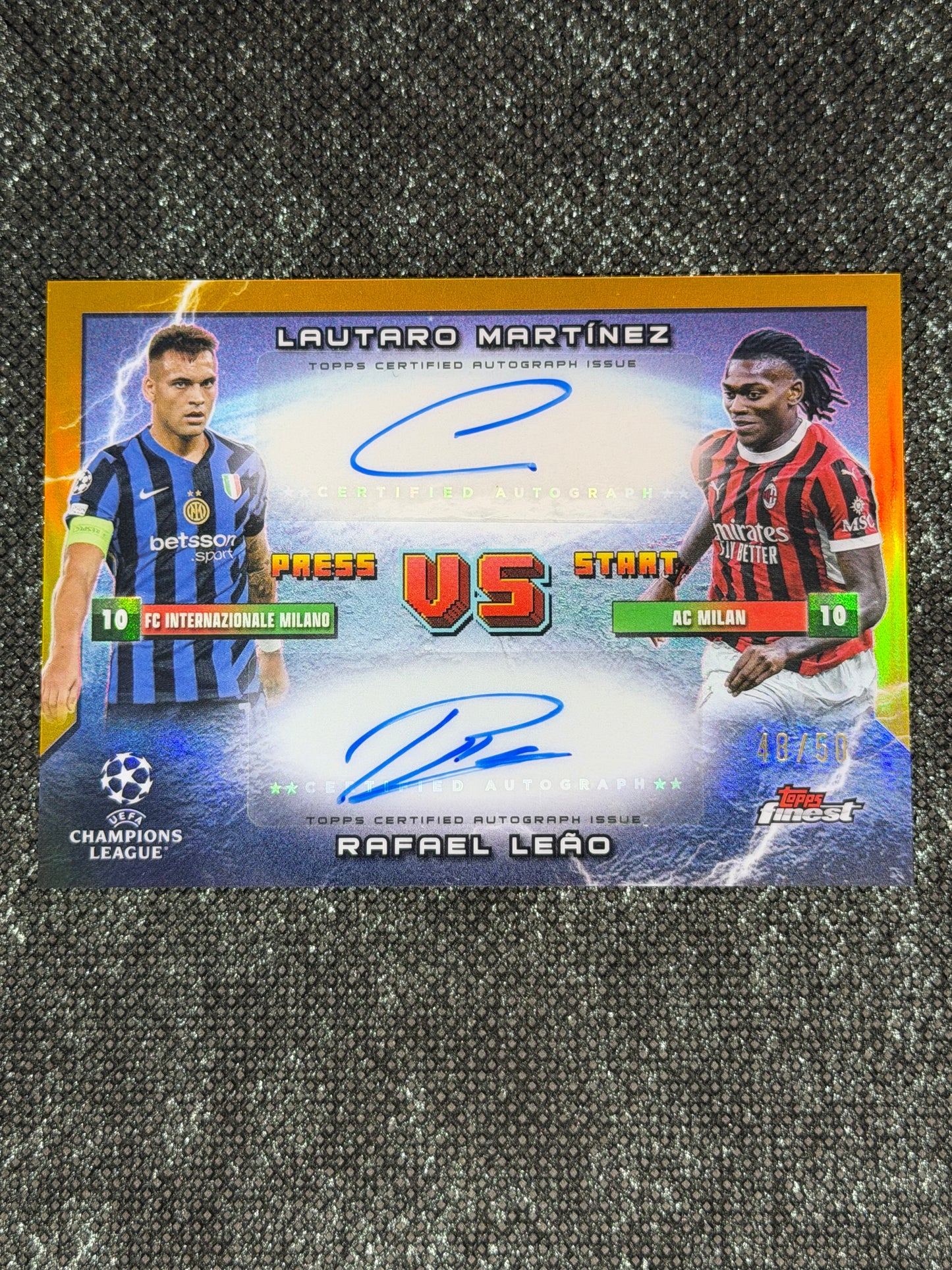 2024-25 Topps Finest UEFA Club Competitions Finest Rival Dual Autograph Gold 48/50 - Lautaro Martinez & Rafael Leao